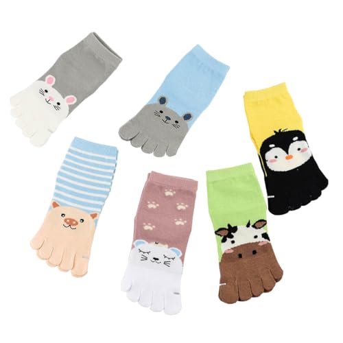 6 Pair Kids Toe Socks Cartoon Five Finger Cotton Socks Breathable Ankle Socks for Boys Girls