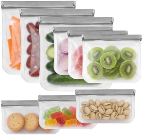 9 Pack Reusable Silicone Food Storage Bags - Freezer, Microwave &...