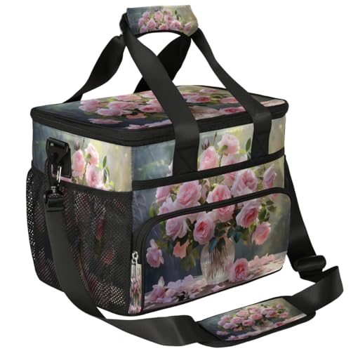 Round Glass Vase Insulated Picnic Backpack Lunch Box for Women Men Picnic Basket Tote Lunch Bag Picnic Bag Portable Lunch Bags for Picnic, Beach, Work, Trip,Office, Camp Pinks Roses