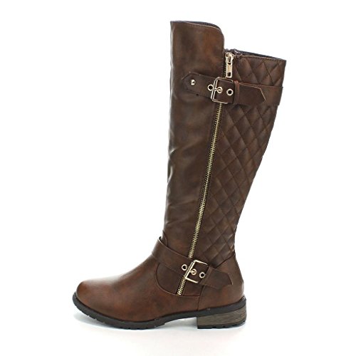 JJF Shoes Mango-21 Women's Winkle Back Shaft Side Zip Knee High Flat Riding Boots Brown 10
