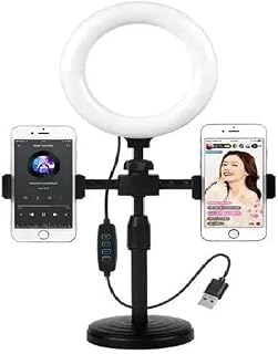 kh Desktop Mobile Phone Tabletop Stand with 16 Cm Selfie Ring Light, 3 Light Modes, 2 Mobile Clips, 360 Rotating, 42-52 Ce... Price In India