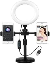 kh Desktop Mobile Phone Tabletop Stand with 16 Cm Selfie Ring Light, 3 Light Modes, 2 Mobile Clips, 360° Rotating, 42-52 Centimeter Height & 1.85M USB Power Cable Ring Light Light for Live Stream