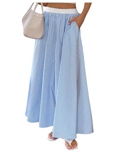 OYOANGLE Women's Striped Skirts High Waisted Flowy A Line Maxi Skirt with Pocket