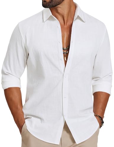 COOFANDY Mens White Button Down Shirt Casual Long Sleeve Beach Shirts Regular Fit Summer Wedding Cotton Linen Shirt