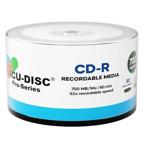 ACU-DISC Pro-Series Blank CD-R80 700MB 52x 80min Blank Discs UV Protection Hard Coat Anti-Scratch Surface – Perfect for Photos & Videos – Compatible with Any CD Drive 17660 – 50 Pack