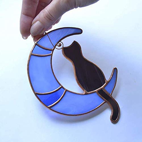 ISAKEN Stained Glass Panels Cat On The Moon, Stained Glass Cat Hanging Ornament - Image 2