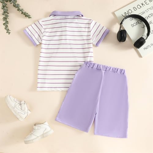 Image of Toddler Kid Boy Clothes Textured Striped Polo Collar Top Summer Shorts 2PC Summer Outfit Set