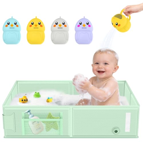 Collapsible Baby Bathtub, Foldable Toddler Bath Tub with Chick Pattern Bath Rinse Cup, No Assembly Portable Travel Bathtub for 6M-5Y, Ideal for Shower, Travel Essentials &amp; Baby Registry Gift