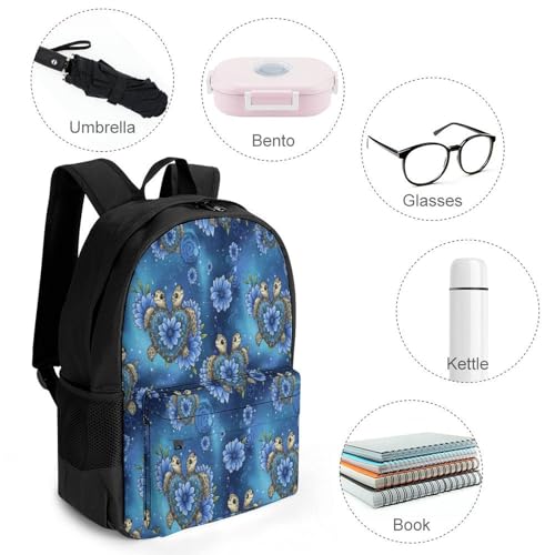 Backpack for Women Men, Blue Flowers Sea Turtle Love Reusable Lightweight Daypack for Commuting, Travel, Funny Breathable Shoulder Bag4