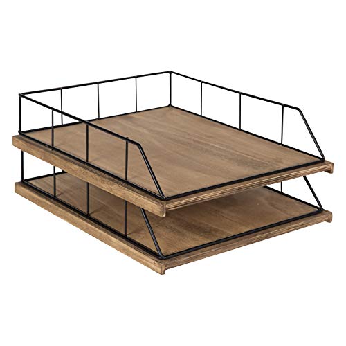 Kate and Laurel Benbrook Stacked Metal and Wood Letter Trays, Rustic Wood and Black