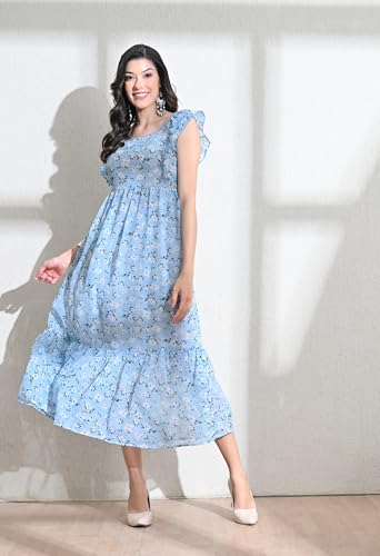 Image of IUGA Georgette Jacquard Butti Square Neck Knee Length Western Dresses for Women