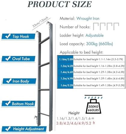 Adjustable Metal Bunk Bed Ladder - 150 Kg Capacity, White Hanging Ladder for Camping, Travel Trailers & RVs, 140cm/55” Tall, Safe & Sturdy Design