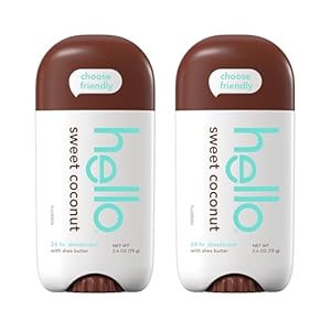 hello Sweet Coconut Deodorant With Shea Butter for Women + Men, Aluminum Free, Baking Soda Free, Parabens Free, 24 Hour Odor Protection, 2.6 Ounce, 2 Pack