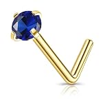 Enticera 2mm 14k Gold Plated G23 Titanium L Shaped Nose Rings Studs for Sensitive Skin Hypoallergenic 20g Cubic Zircon Handmade Thin Nose Rings L Shaped Nose Piercings Studs for Women Men Blue