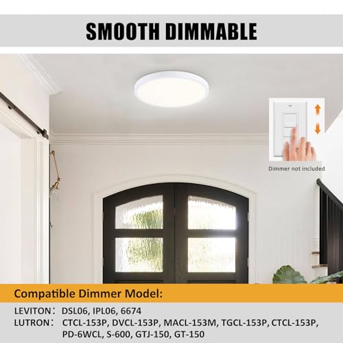 Image of 14 Inch LED Flush Mount Ceiling Light, Slim Dimmable Ceiling Light for Kitchen, Bedroom, Metal and Glass, Low Ceiling, White, 26W, 3000K, 2 Pack