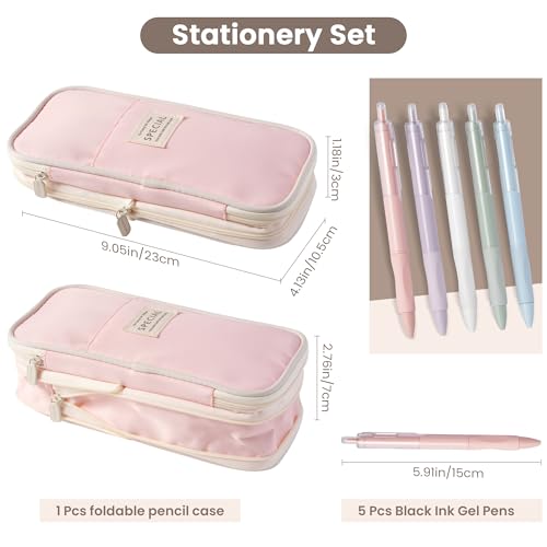 Image of Large Capacity Pencil Case Pouch with 5 Black Gel Pens (Pink) | Expandable, Water-resistant, 4-compartment design, Versatile, Quality materials, Cute style, 0.5mm gel pens
