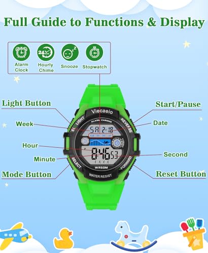 Image of Kids Digital Watch for Boys Girls,2 Interchangeable Silicone Straps, 50M Waterproof & Shockproof Sports Watch with 7-Color LED Backlight, Alarm, Stopwatch, Calendar (Ages 5-18) (Black with Green)