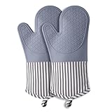Silicone Oven Mitts, Heat Resistant Oven Gloves with Quilted Liner, Waterproof & Non-Slip Kitchen Mittens for Baking Cooking BBQ, 500°F, 13.5' Nordic Grey