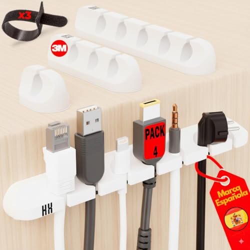 HABITUX Organizador Cables Escritorio Pack 4 PCS – Duradero - Sujeta Cables Adhesivo 3M – Organizador de Cables Mesa, Soporte para Cable, Cable Management, Accesorios Escritorio (Blanco)