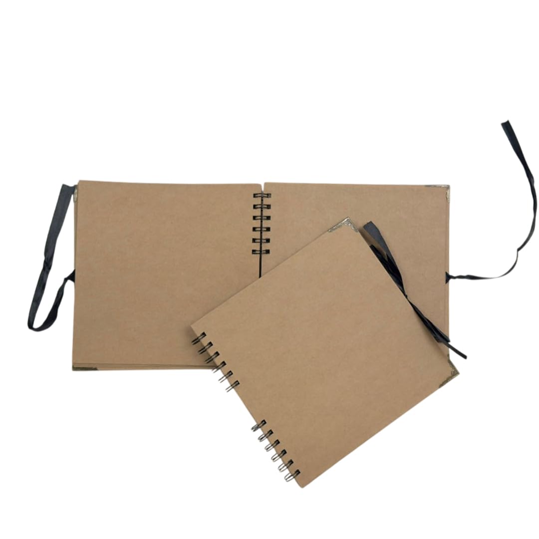 Pack of 2 Spiral Bound 180gsm Kraft Scrapbooks with Ribbon Closure and Metal Corners - 30 Sheets 20x20cm