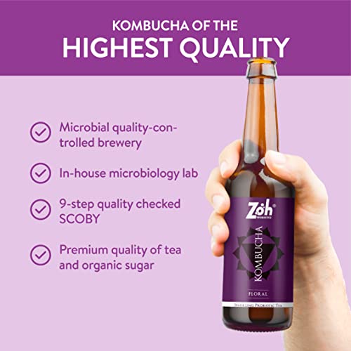 Image of Zoh Probiotics Floral Kombucha|Green Tea With Detoxifying Acids,&Digestive Enzymes. Raw,Unfiltered,&Unpasteurized With Mother. Made With Real Bluepea&Mixed Florals(330 Ml,Pack Of 9),6.4 Kilograms