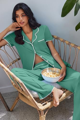 Image of Ekouaer Pajamas for Women Set Button Up Soft Pjs Short Sleeve 2 Piece Lounge Sets Comfy Sleepwear