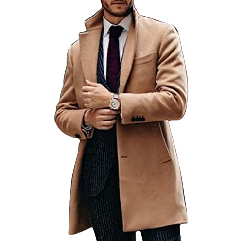 Maiyifu-GJ Men Notched Lapel Wool Trench Coat Classic Single Breasted Mid Long Pea Coats Winter Warm Slim Business Overcoat