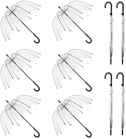 WASING 10 Pack 46 Inch Clear Bubble Umbrellas Wedding Style Large Canopy Transparent Stick Umbrellas Auto Open Windproof with Black European J Hook Handle Outdoor Umbrella for Adult