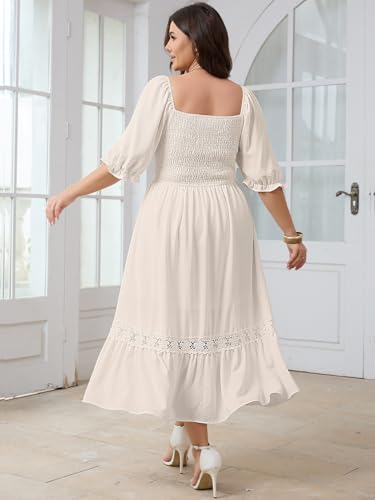 Image of SCOMCHIC Women's Plus Size Boho Maxi Dress Short Sleeve Square Neck Smocked Flowy A-Line Lace Trim Wedding Guest Dresses
