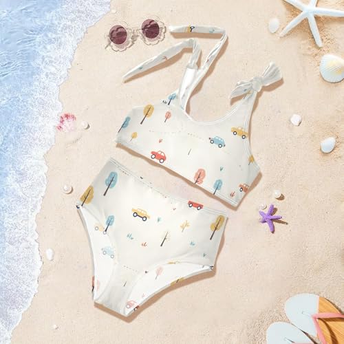 Cute Pattern Cars Road Girl Two Pieces Kids Bikini Set Scoop Neck Swimsuits Swimming Suits Adjustable Strap 5