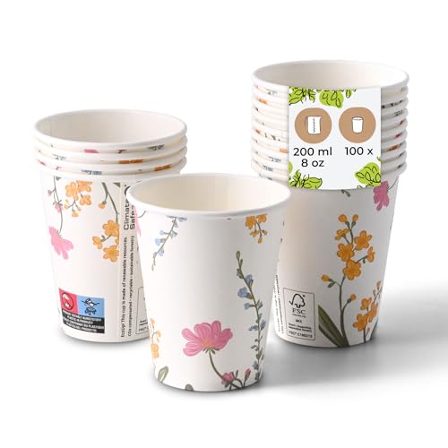 BIOZOYG Bicchieri di carta 100 pezzi stampati 'Fiori' 200ml/8oz, Ø 80mm Bianchi - Rivestiti - Bicchieri da caffè usa e getta - Bicchieri di carta colorati - Ecologici - Eleganti per eventi e feste
