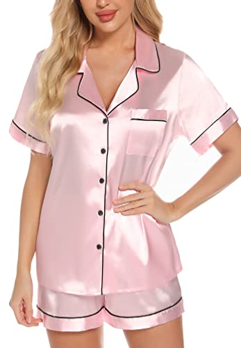 Samring Women Pjs Sets Silk Satin Summer Short Sleeve 2 Piece Pajamas Set — view 6