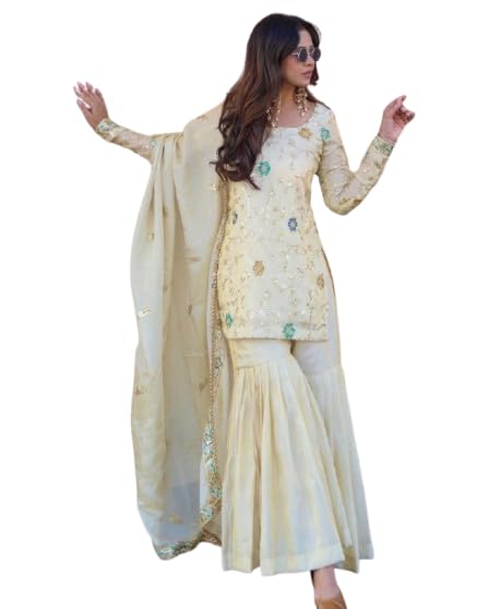 Women's Embroidered Chinnon Silk Sharara Set with Dupatta, Off White, Traditional Indian Wear, 3 Piece Outfit-picture-27