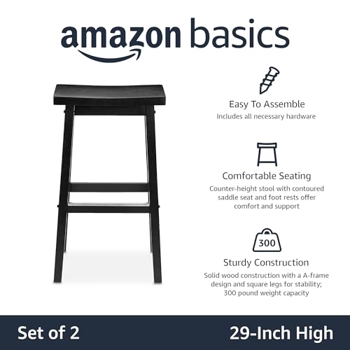 image for Amazon Basics Solid Wood Saddle-Seat Kitchen Counter Barstool with Foo