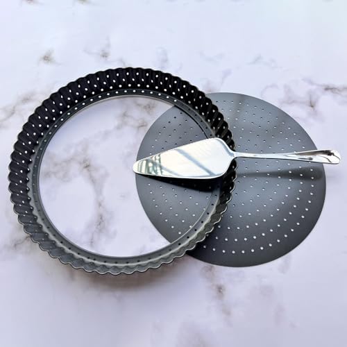 Yamteck 9 Inch Perforated Tart Pan for Crispy Crust w/Pie Cake Server. Removable Bottom, Non-Stick Coating, Rugged Carbon Steel for Tart Quiche Baking. Gift for Women Christmas Thanksgiving Party  