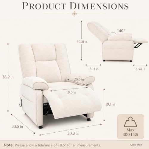 Image of Electric Recliner Chair, 90 to 160 Adjustment with Remote, Beige | Recliner Sofa with USB & Type C Charging, Chenille Upholstery and Side Storage Pocket, Zero Gravity Home Theater Seating