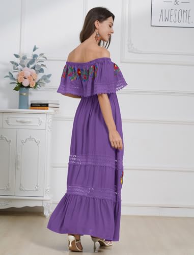 Image of ABEHIK Mexican Dress for Women Traditional Off Shoulder Embroidered Present Casual Lace Long Maxi Dress Cinco de Mayo Outfit