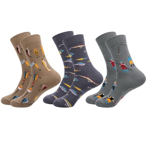 Jspupifip 3 Pairs Funny Fishing Socks for Men Novelty Cotton Dress Crew Socks Gift for Grandpa Dad Fish LoverBrown Dark Gray Light Gray