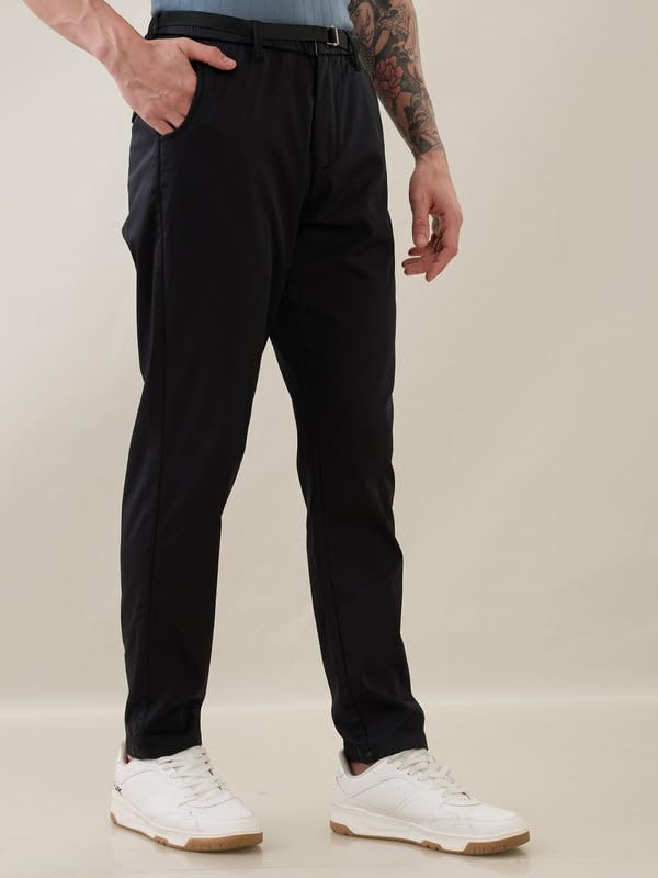Image of Nostrum Men's Smart-Casual Tapered Trousers for Men, Charcoal, Cotton Corduroy, Mid Rise, Regular Slim Fit with Adjustable Belt, Side and Back Pockets, Casual Wea