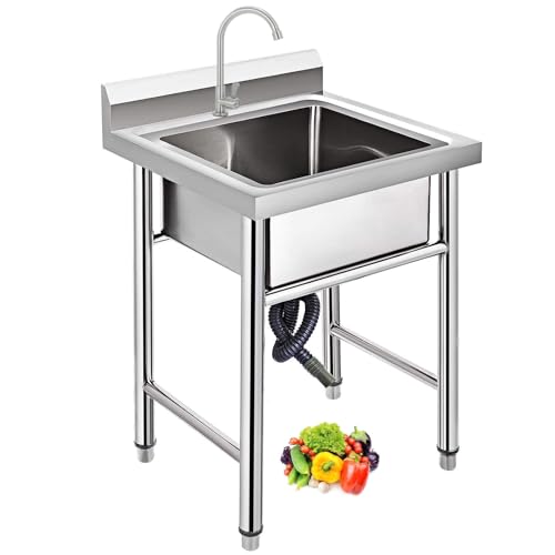 Lavello in Acciaio Inox Autoportante 1 Vasca, Lavandino Commerciale con Rubinetto Lavello da Cucina Professionale per Cucina, Ristorante, Bar, Caffè, Garage, Interno e Esterno,50×50×80 cm