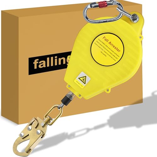 Dispositif Anti Chute a Rappel Automatique, Harnais de Securite Anti Chute Jaune 3-20m avec Crochet Autobloquant, 150KG Ligne de Vie Auto-Rétractable pour...