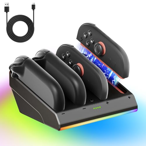 FPVtosky Base de Carga para Switch 2 Joycon(2025), Base de Carga de 4 mandos para Accesorios SW2 Joy-con, con luz indicadora LED Individual& Cable de Carga de Datos Tipo-c