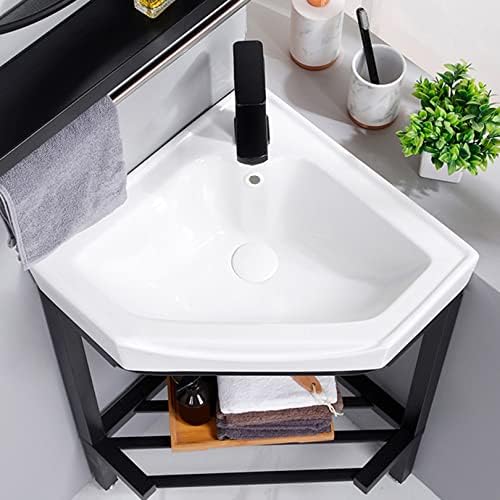 Corner Bathroom Sink White Ceramic Console Pedestal laundry Sinks free standing Wash Basin sinks Porcelain Vessel Basin Rectangle with Stainless Steel Metal Legs Stand Vanity Sink black Storage Shelf