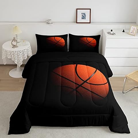 Castle Fairy Queen Size Basketball Comforter Set for Boys Kids Teens,Ultra Soft Microfiber Sports Theme Black and Orange Basketball Bedding Sets with 1 Comforter and 2 Pillowcases Cover