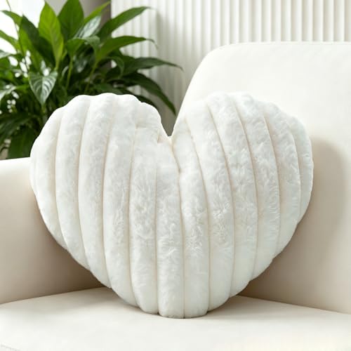 Nmkopzy 16 Inch White Heart Pillow Cute Decorative Throw Pillows Heart Shaped Soft Fluffy Faux Fur Pillows Cushions for Couch Chair Bed Bedroom Room Home Decor Aesthetic (1 White Medium-16 x13)