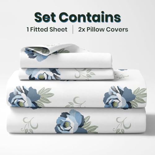 Image of LORETO - A QUALITY LINEN BRAND 210 TC 100% Pure Cotton Double /Queen Fitted Bedsheet with 2 Pillow Covers for 78 x 60 Inch Mattress, All-Around Elastic, 8 Inch Deep Pocket, Navy Floral