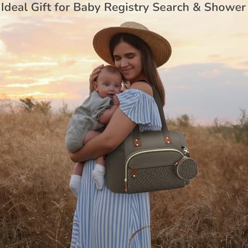 Diaper Bag Tote with Pacifier Case, Baby Bag for Women with Shoulder Straps, Travel Diaper Tote for for Mom and Dad Medium Size, Khaki