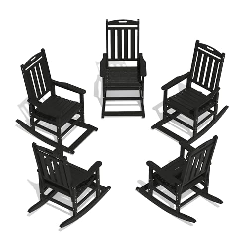 LOUNZY Outdoor Rocking Chair with Footboards Set of 5, HDPE Rocking Chair Patio Porch Rocker with 380lbs Support for Adult, Black Set of 5 Black