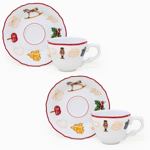 NAMAI - Set di 2 Tazzine Caffe Con Piattino Natalizie, Porcellana Resistente, 50 ML, Adatte In Lavastoviglie e Microonde, Tazzine Caffè Natale, Regalo Natale (2 Tazzine Caffè + Piattino)