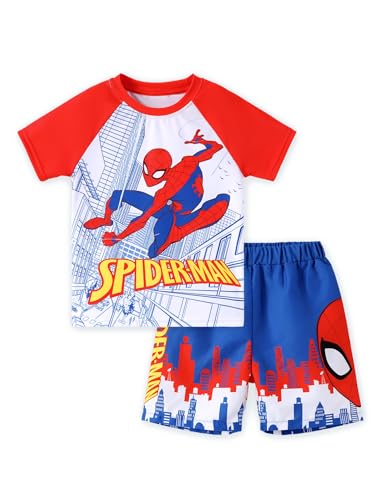 Disney Marvel Spiderman Boys Swim Set Red Swimsuit Short Sleeve Bathing Suit Elastic Band Child Waterpark Swimwear Set Summer Rash Guard Shirts & Swim Short Big Boy Lake Swimming Apparel 6-7 Years